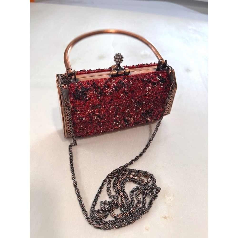 VTG Red Beaded Evening Box Clutch Bag Copper Metal Frame Rhinestone Clasp Chain